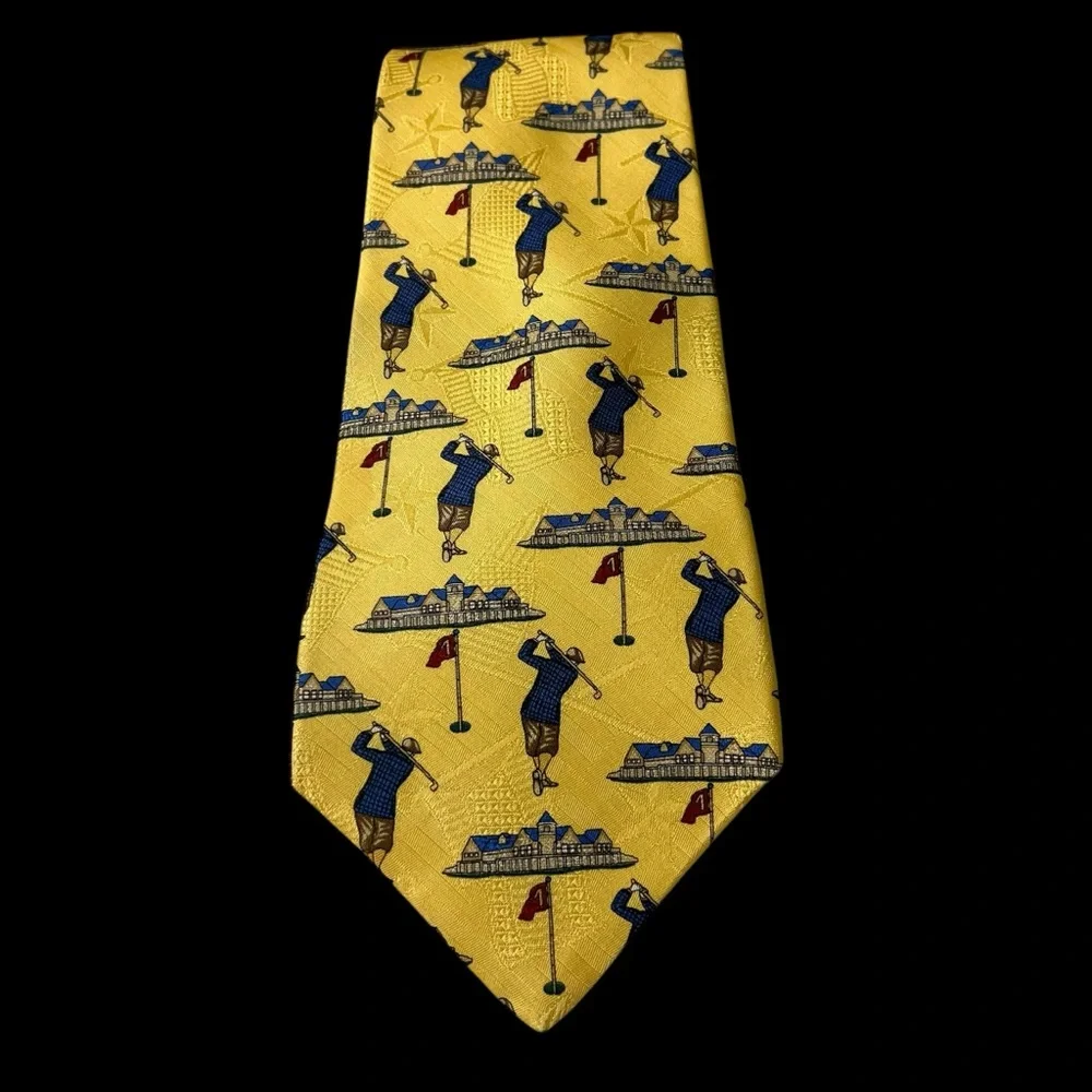 Tommy Hilfiger Yellow Silk Golf Necktie Tie 60” Long 4” Wide